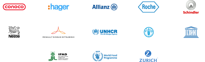 An image with logos and
names of partner
companies: Alstom,
Danone, ABB, Novartis,
Liebherr,
TIAA, Tiffany & Co.,
Ecolab, Mylan, Conoco,
Hager, Allianz, Roche,
Schindler, Nestle,
Renault Nissan
Mitsubishi,
UNHCR, FAO, UNESCO,
IFAD, World Food
Programme, Zurich.