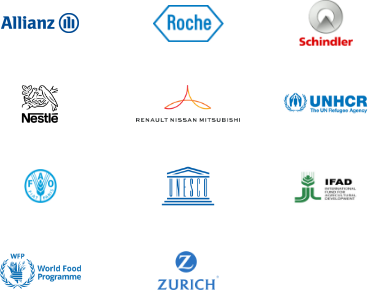 An image with logos and
names of partner
companies: Alstom,
Danone, ABB, Novartis,
Liebherr,
TIAA, Tiffany & Co.,
Ecolab, Mylan, Conoco,
Hager, Allianz, Roche,
Schindler, Nestle,
Renault Nissan
Mitsubishi,
UNHCR, FAO, UNESCO,
IFAD, World Food
Programme, Zurich.